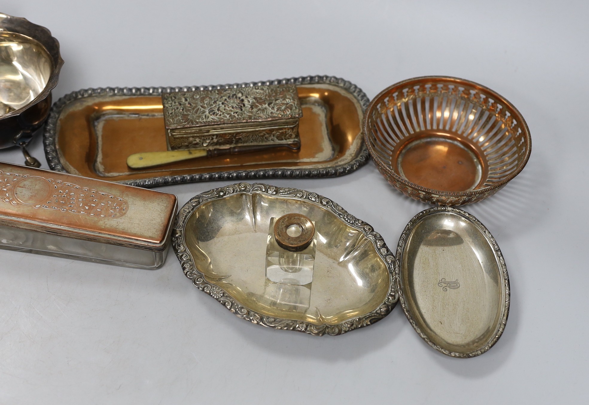 Three Victorian silver decanter labels, by Charles Stuart Harris, London, 1894, an Edwardian repousse silver mounted double stamp case, Birmingham, 1906, 63mm, sundry other small silver including vesta case mounted glass